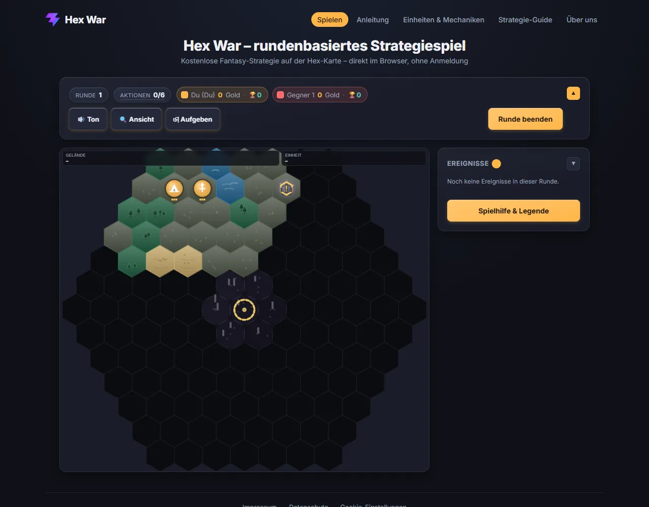 Spieloberfläche von Hex War mit Rundenleiste oben, Hex-Karte links und Ereignis-Panel rechts